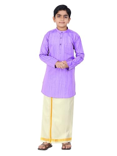 Boys Cotton Long Sleeve Self Design Kurtha With Stitched Art Silk Dhoti For Boys (Madriyad-Purple)