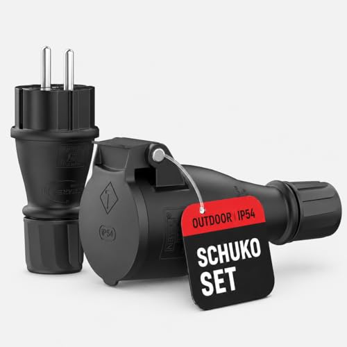 Schuko Stecker & Kupplung Set - Robuste IP54 230V | Schutzkontaktstecker & Kupplung | Gummi-Kunststoff Kombination | Ideal für den Außenbereich | Sichere und Langlebige Elektrische Verbindung