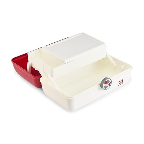 Image of Caboodles School Spirit On-The-Go Girl Makeup Box, Crimson Over White, Hard Plastic Makeup Organizer Box, Built-In Mirror, Secure Latch for Safe Travel, Spacious Storage for Large Items