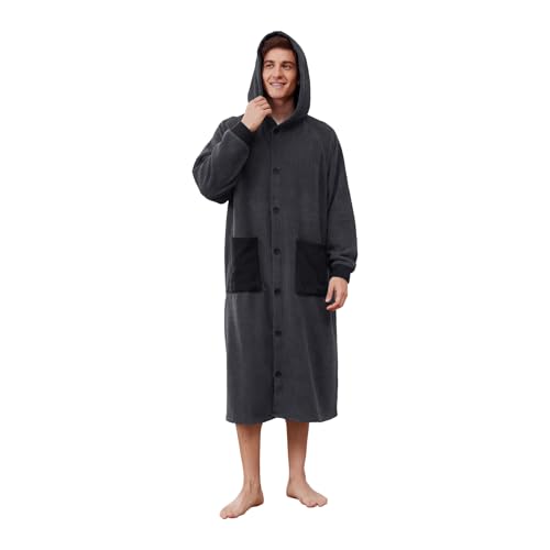 Vulcanodon Mens Hooded Robe, Plush Fleece Bathrobes for Men Long Cozy Warm Spa Robe