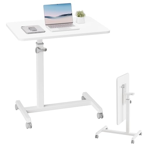 Image of GTPLAYER Small Standing Desk, 24 Inches Foldable Mobile Rolling Laptop PC Table with Lockable Casters, Adjustable Height Overbed Bedside Table Computer Workstation for Home Office, White-Foldable