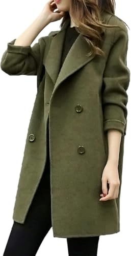Yancremio Gabardina Elegante Con Doble Botonadura Y Solapa Para Mujer Chaqueta Informal De Oficina De Moda Ligera Abrigo De Color Sólido De Tendencia Suelta Retro (Verde militar,3XL)