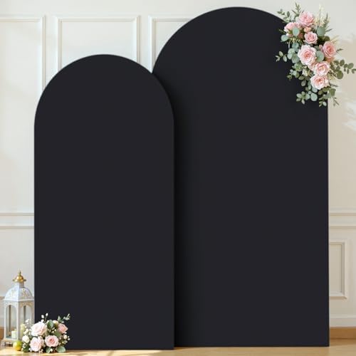 Image of Black Photo Arch Backdrop Cover Set of 2 Spandex 7.2 and 6ft Black Arch Covers Stretchy Backdrop Party Arch Stand Covers for Birthday Baby Shower Wedding Bridal Shower Banquet Background Decorations