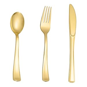 N9R 200pcs Gold Plastic Silverware - Disposable Gold Plastic Silverware Cutlery Set, 100 Forks, 50 Spoons, 50 Knives for Party, Birthday, Wedding N9R 200pcs Gold Plastic Silverware Disposable Gold Plastic Silverware Cutlery Set 100 Forks 50 Spoons 50 Knives for Party Birthday Wedding