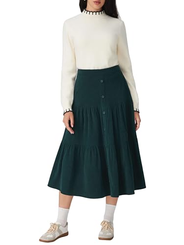 CIDER Women's Corduroy Tiered Skirt Button Front A Line Midi Skirt2
