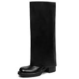 Bouwno Black Knee High Boots Women Fold Over Boots Square Toe Leather Slip on Fall Platform Tall Shark Boot Dress Casual Comfortable Slouchy Low Heels