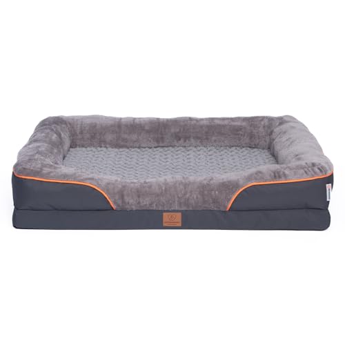 Orthopädisches Premium Hundebett für große Hunde - extra Halteschlaufe, Wasserdichter Innenbezug, Hundesofa, Hundekissen, flauschig,Bezug abnehmbar, waschbar, 106 x 81 x 17 cm, hellgrau (XXL)