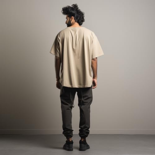 Image of Prabhubhakti Men's Oversized Shri Ram Printed Beige T-Shirt | Print Drop Shoulder Pure Cotton Oversized Tshirt for Men