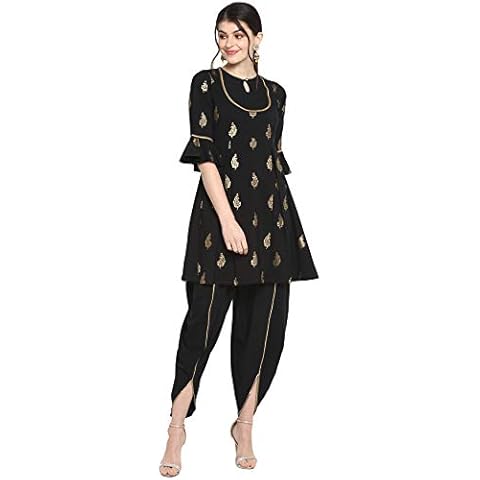 Janasya Indianer Damen Poly-Krepp Kurti mit Dhoti-Hose, Schwarz - Schwarz - X-Groß Cover