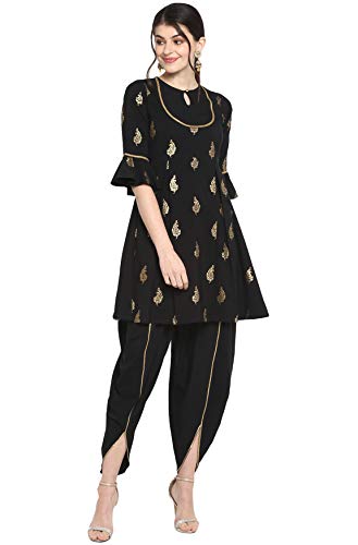Janasya Indian Women's Black Poly Crepe Kurti with Dhoti Pant(SET182-KR-DH)