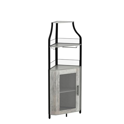Amyove Corner Wine Bar Cabinet with Detachable Wine Rack, Industrial Wine Cabinet with Glass Holder, Small Sideboard and Liquor Coffee Bar Cabinet with Mesh Door, Grey