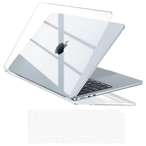 EooCoo Funda Compatible para MacBook Air 15 Pulgadas M4 A3241 M3 A3114 M2 A2941, 2026 2025 2024 2023 con Touch ID, Carcasa Rígida de Plástico + Protector del Teclado - Cristal Transparente