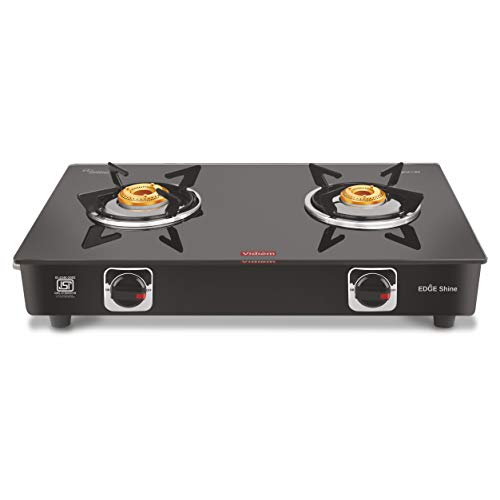 Vidiem Gas Stove G2 197 A Edge Shine Glass (Black) | 2 Burner Gas Stove | Manual Ignition | 8mm Toughened Glass Top Gas Stove | Safety, Reliability,High Efficiency | ISI Certified | 2 years warranty