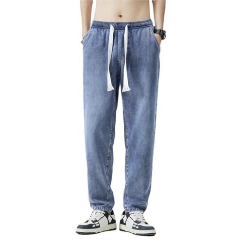 Men's Summer 100% Lyocell Soft Thin Loose Taper Pants Elastic Waist Drawstring Jeans Trousers