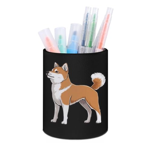 Image of Shiba Inu Dog Leather Pen Brush Holder Pencil Pots Desktop Storage Drawer Makeup Organizer for Office Desk Supplies