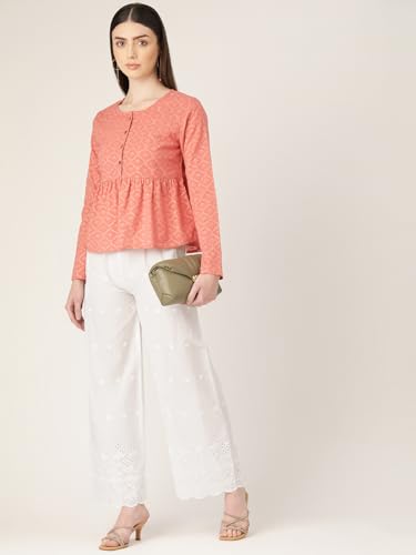 Image of feranoid White Chicken Embroidred Cotton Regular Fit Palazzo