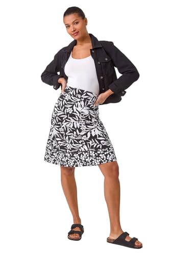 Roman A-Line Skirt for Womens UK - Ladies Knee Length Skirts Stretchy Elasticated Waist Smart Casual Work Cotton Contrast Detail Shape Spring Summer Holiday - Noir Palm - Size 14 - Image 2