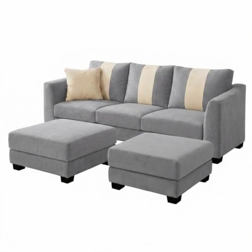 Image of Revo 5 Seater L Shape Sofa Set with 2 Movable Ottomans | Flexible Layout | Luxury Velvet Suede Fabric | Modern Living Room Sofa | Light Grey