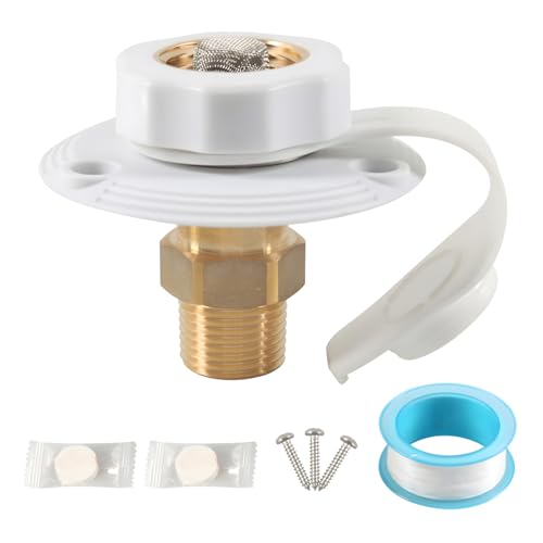 Image of RV City Water Fill Inlet with Check Valve, 3 /4 NH Female to 1 /2 NPT Male RV Water Hose Flange Brass Connector Replacement for RV Camper Motorhome Trailer Marine White