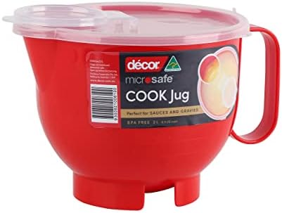 Decor Microwave Safe Plastic Jug with Lid | Microwaveable Bowl with Handle | Large Gravy Jug 2000ml - RED