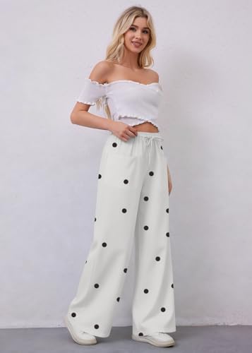Image of MISSACTIVER Women Drawstring Polka Dot Pants Loose Wide Leg Trousers Casual Low Waist Pants Lounge Pants with Pockets