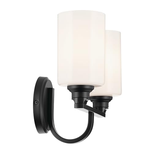 Image of Kichler Gioe 2-Light Bathroom Vanity Light Fixture with Opal Glass, 14.25 in Modern Black Wall Sconce for Mirror, Damp Rated Lighting (14.25 in W x 10.5 in H), 55225BK