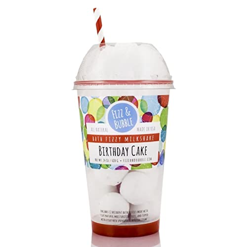 Fizz & Bubble Bath Fizzy Milkshake with Vitamin E, Avocado Oil, Epsom Salt & More - 12 Small Bath Bombs & Loofah Set - Birthday Cake