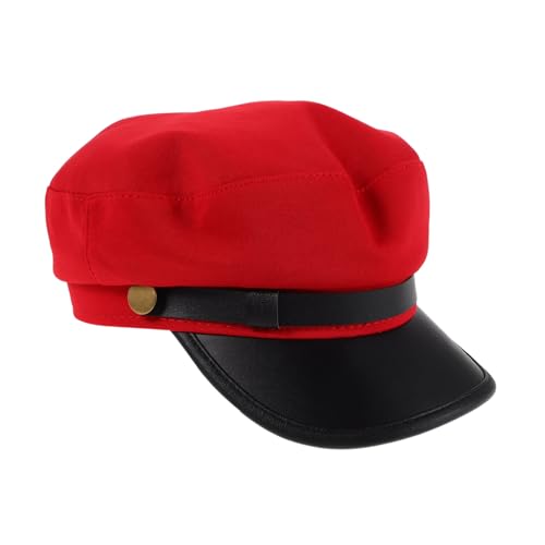 Vintage Captain Beret Hat for Unisex Lightweight PU Flat Top Newsboy Cap for Spring Summer Retro Style Student Accessory Red