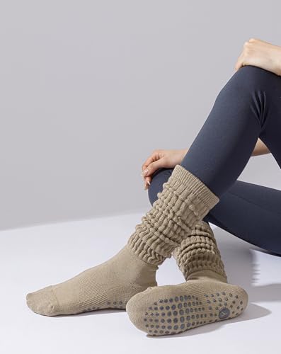 Image of Yawlsow Pilates Socks with Grips for Women Yoga Ruffle Grippy Non Slip Long Slouchy Scrunch Socks for Barre Workout Hospital