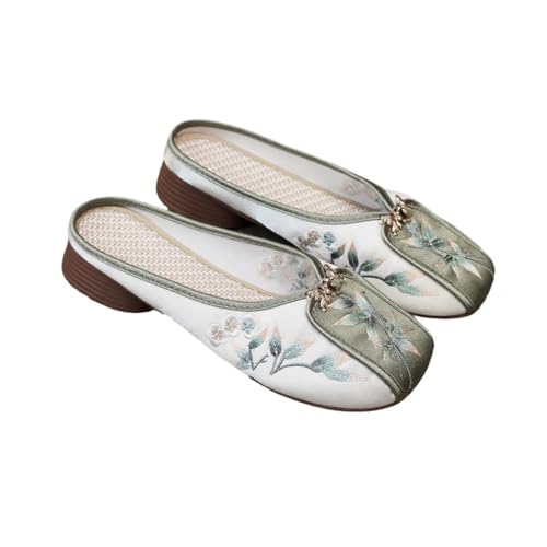 Satin Flower Embroidered Flats Slippers Women's Chinese Traditional Ancient Style Hanfu Shoes Casual Lightweight Closed-toe ls To Match Cheongsam(Green,6 UK) (Green 3.5 UK)