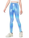 Gnainach Girls Metallic Leggings 6-7 Years Old Holographic Blue Full Length Elastic Active Yoga Pants for Kids School