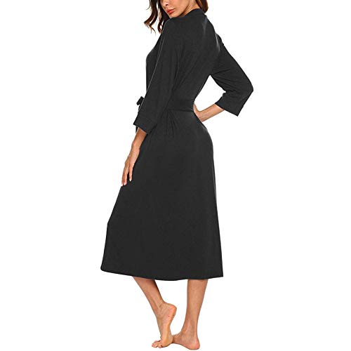 LWEW Women Kimono Robes Cotton Long Robe Knit Bathrobe Soft Sleepwear V-Neck Lightweight With Belt Long Robe Bathrobe Sleepwear S-3XL Ladies Loungewear (Black, M)