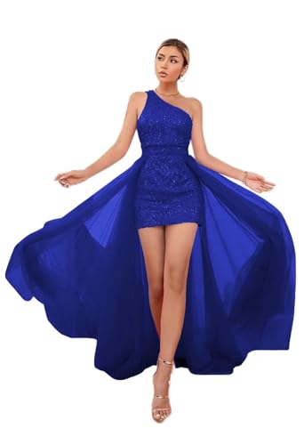 Mauuwy One Shoulder Short Prom Dresses with Detachable Train Sequin Homecoming Dresses Tight Cocktail Dress YMX98