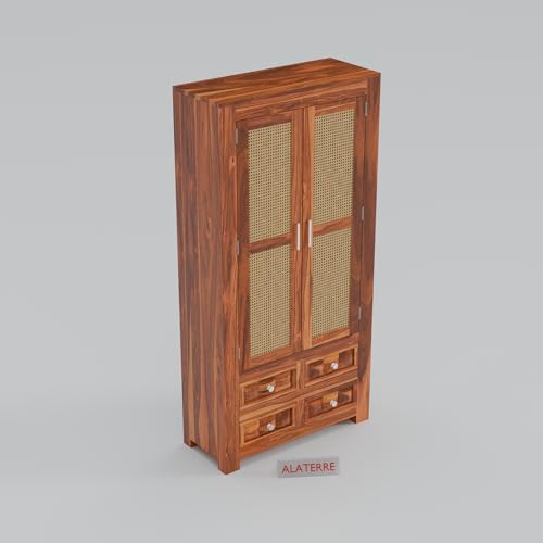 Image of Solid Sheesham Wood 2 Door Wardrobe with Cane Panels & 4 Drawers | Wooden Storage Cabinet with Shelves | Modern Bedroom Cupboard for Clothes & Storage (Honey Finish)