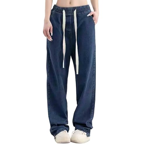 Vaqueros con goma elástica para mujer, pantalones boyfriend ancho de pierna, cintura alta, pantalones de ocio, largos para mujer