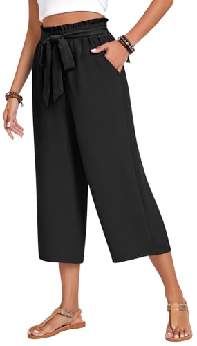 Aodemo Womens Plus Size Capri Pants Wide Leg High Waist Tie Knot Pants Casual Loose Palazzo Trousers with Pockets 3XL Black