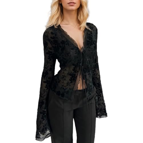 EMOTTOS Sexy Transparent Slim col V Crop Top, Y2K Évasées à Volants Top Manches Longues en Maille, Haut Moulant Court en Mousseline à Nouer sur Le Devant pour Femmes, Noir, S
