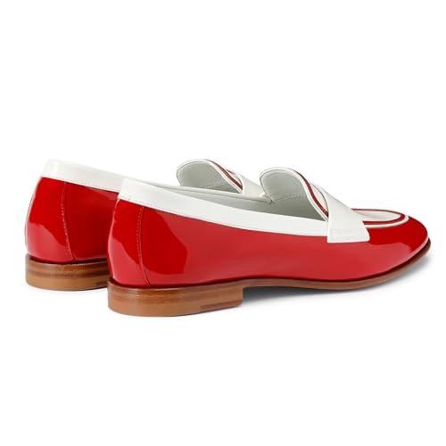 Image of Women Patent Slip On Loafer Flats Two Tone Round Toe Flat Heel Penny Loafers Casual 1 inch Low Heel Loafer Dress Shoes Oxford Comfort Chic Colorblock Office Ladies 4-11 M US