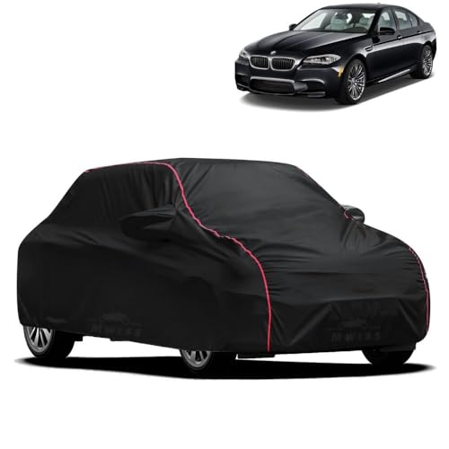 Image of Waterproof Car Cover for BMW M5 | All-Weather Protection, Dustproof & UV Resistant | Triple Stitched Mirror Pockets, Windproof Buckle Strap with Elastic Hem, Black-Red Piping