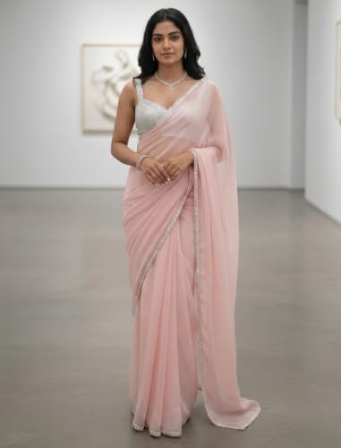 Image of FREE SPIRIT Women's Jimmi Choo Saree with Unstitched Blouse Piece Lace Border and Solid Pattern | Indian Saree for Women | Fancy Designer Sarees | Premium Saree for Womans