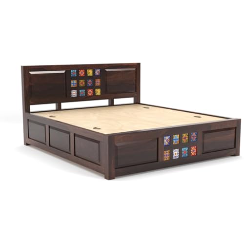 Image of SONA ART & CRAFTS Taurus Solid Sheesham Wood King Size Bed with Storage Box | Bed King Size Cot | Rajasthani Jodhpuri Tile Double Bed with Box for - Walnut Finish (Assembly Included)