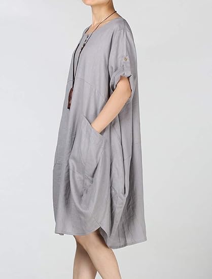 Image of LaovanIn Women's Plus Size Tunic Dress Summer Cotton Linen T Shirt Knee-Length Dresses