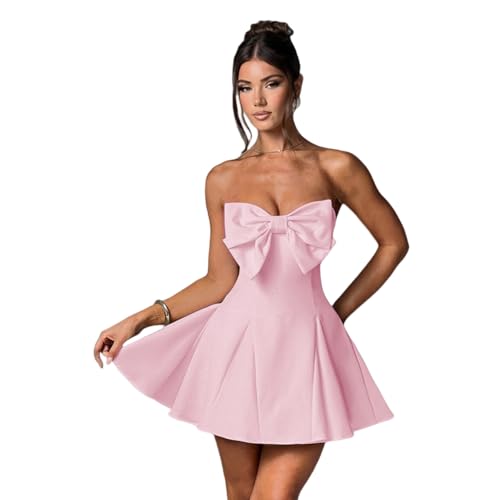 Image of JUMISEE Women's Elegant Bow Strapless Homecoming Dress A Line Swing Tube Mini Dress Short Evening Party Prom Dress