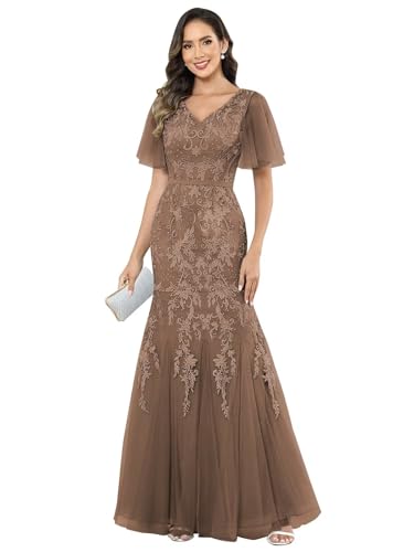 HYY Mermaid Mother of The Bride Dresses for Women Tulle Lace Floral Long V Neck Formal Wedding Gowns