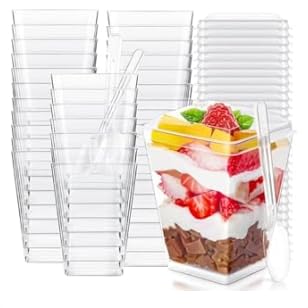 Exsink Lot de 40 tasses à dessert, avec couvercles et cuillères, 160 ml, transparentes, réutilisables, pour desserts de famille, puddings, mousses et fêtes glacées