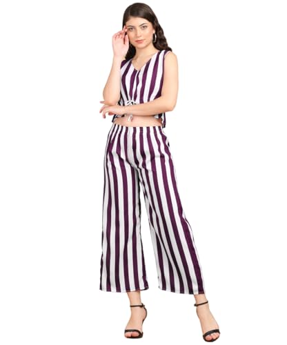 Image of POPWINGS Casual Stripe Printed Crop Top and Trouser Co-Ords Set for Women || Top and Bottom Set for Women || Women Top and Trousers Set | Women Trendy Co Ords Set || Two Piece Set for Women