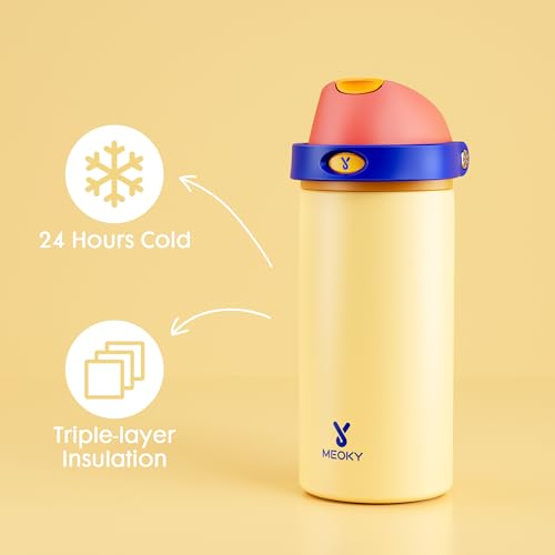 Image of 18 oz Kids Water Bottle for School: Meoky 18 oz Stainless Steel Insulated Water Bottle with 2-in-1 Straw and Spout Lid - Leak Proof, Fits in Car Cup Holder, BPA-Free for Boys Girls, Misty Horizon