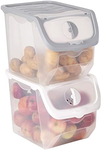 Lot de 2 boîtes de rangement empilables avec couvercles pour légumes, fruits, oignons, pommes de terre, riz 12 l