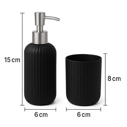 Image of LAGET Bathroom Accessories Set for Utility and Toothbrush Holder Bathroom Decor | Handwash Liquid Soap Dispenser Pump for Bathroom, Kitchen, Wash Basin, Sink Ribbed Design (Black)