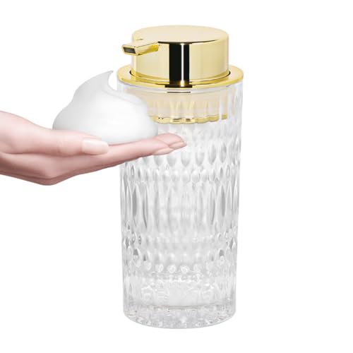 Tonxus Foaming Soap Dispenser, Glass Foam Hand Soap Dispenser for Bathroom and Kitchen Decor, 14 Oz Refillable Foaming Pump Bottle Container with Gold Pump, Clear